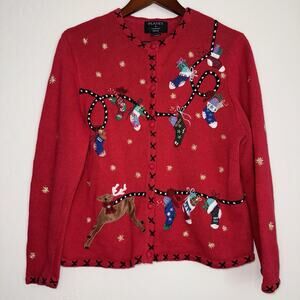 Planet & Company Embroidered Red Christmas Woven Cardigan Holiday Petite Large